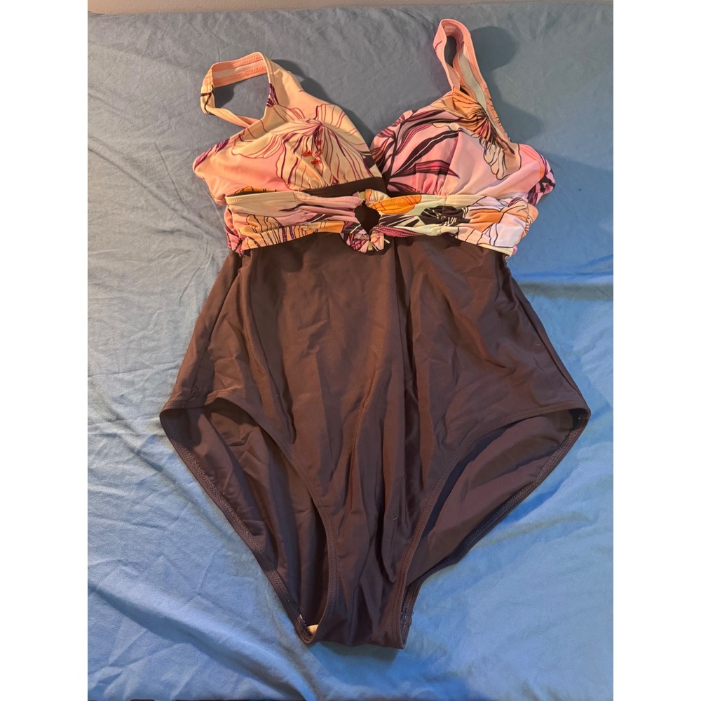 Christina Floral Print V-Neck One Piece Swimsuit Brown Pink Size 16